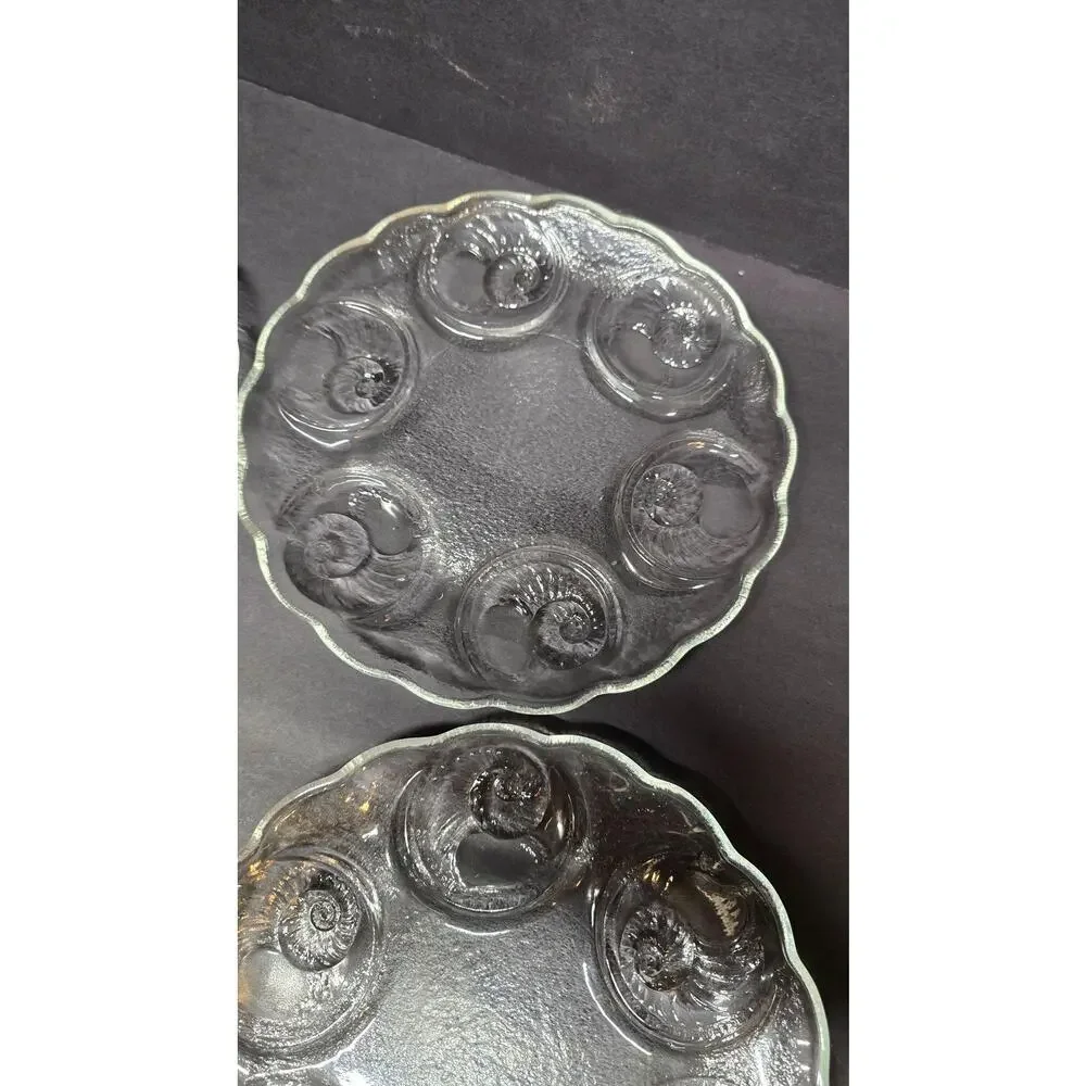Vintage Clear Pressed Glass Snail Escargot Seafood Plates Set Of 4 Round
